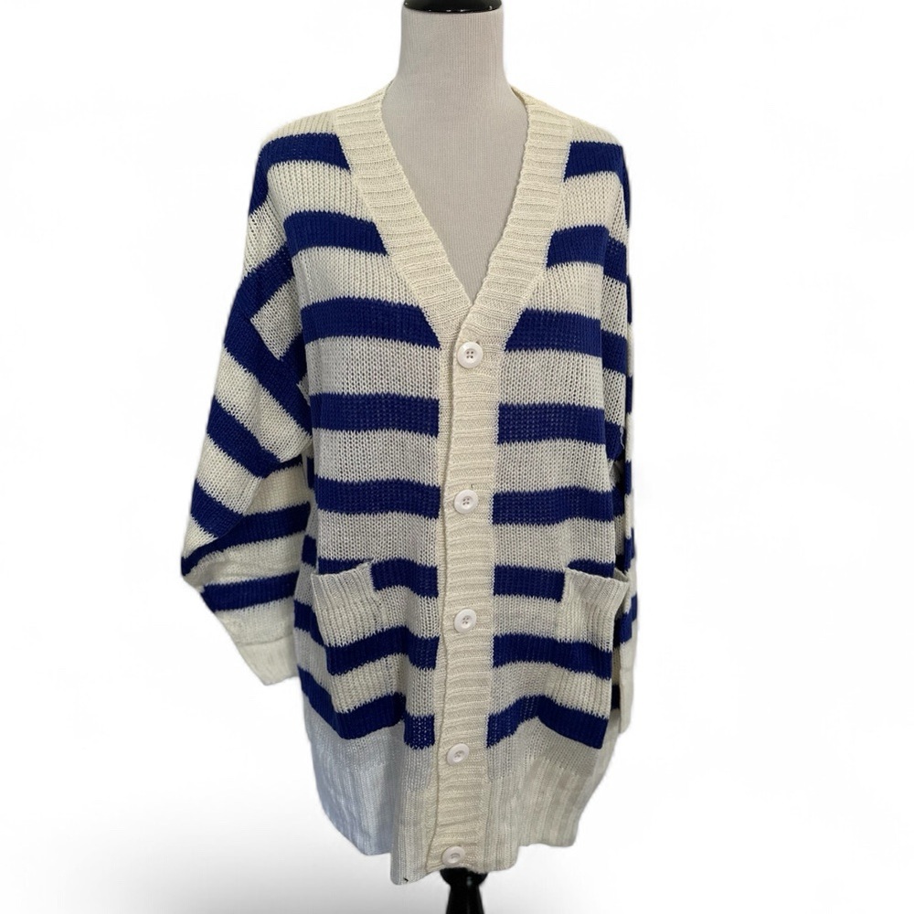 New LuLaRoe Sz M Lucille Cardigan Blue and Off White Stripe Vintage